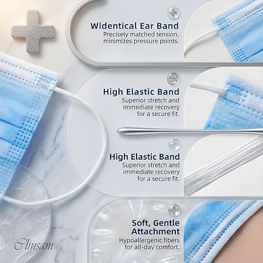 3-Ply Disposable Face Masks with Adjustable Nose Wire, Latex-Free Soft Ear Loops