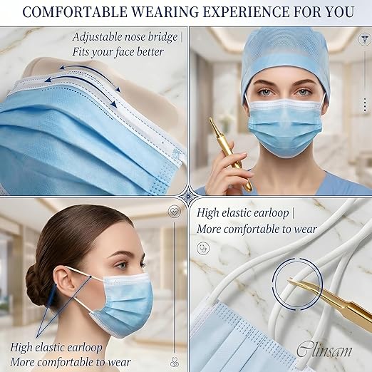 3-Ply Disposable Face Masks with Adjustable Nose Wire, Latex-Free Soft Ear Loops