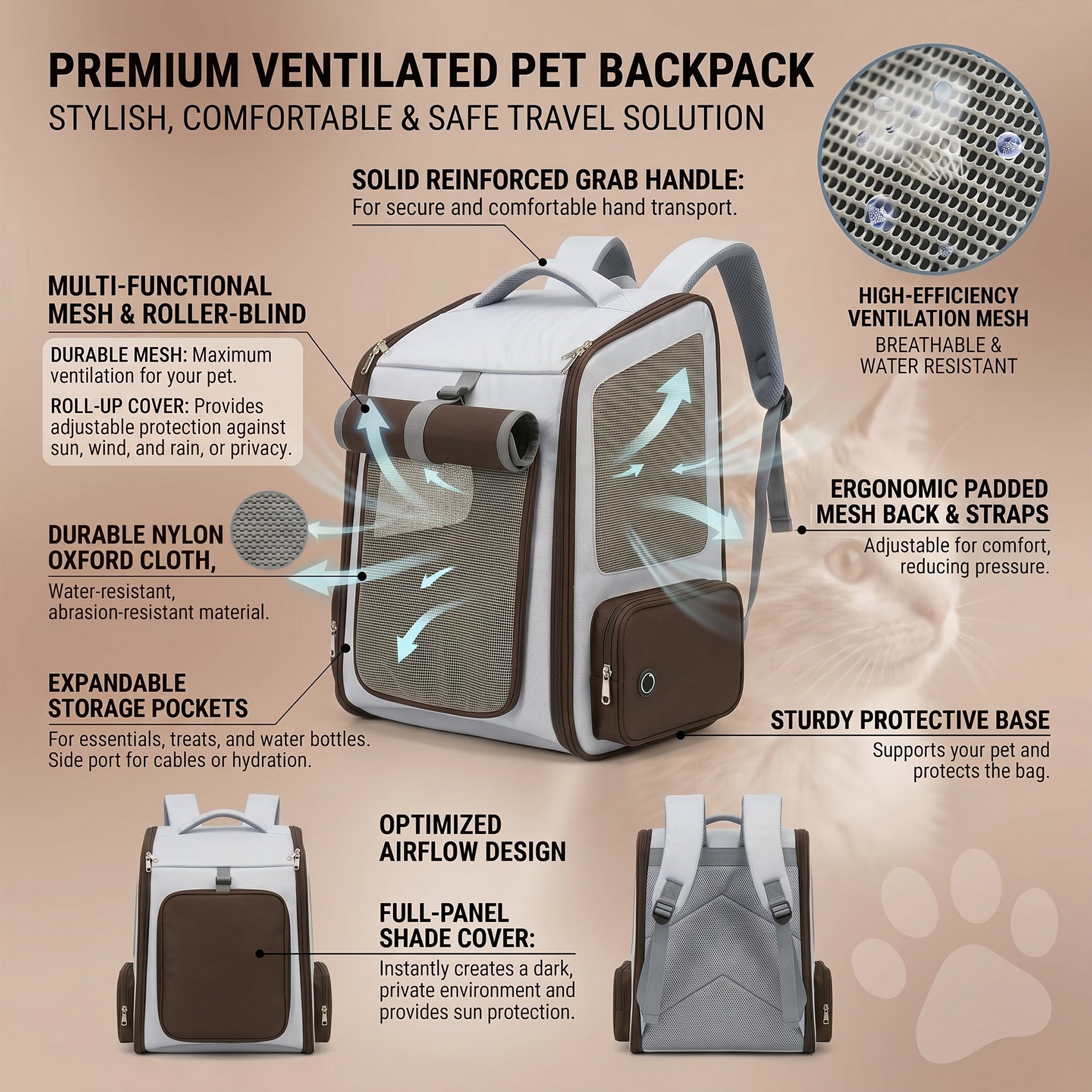 Foldable Pet Carrier Backpack with Mesh Ventilation & Sun Shade, Front-Opening Travel Bag for Small Dogs & Cats Up to 15 lbs