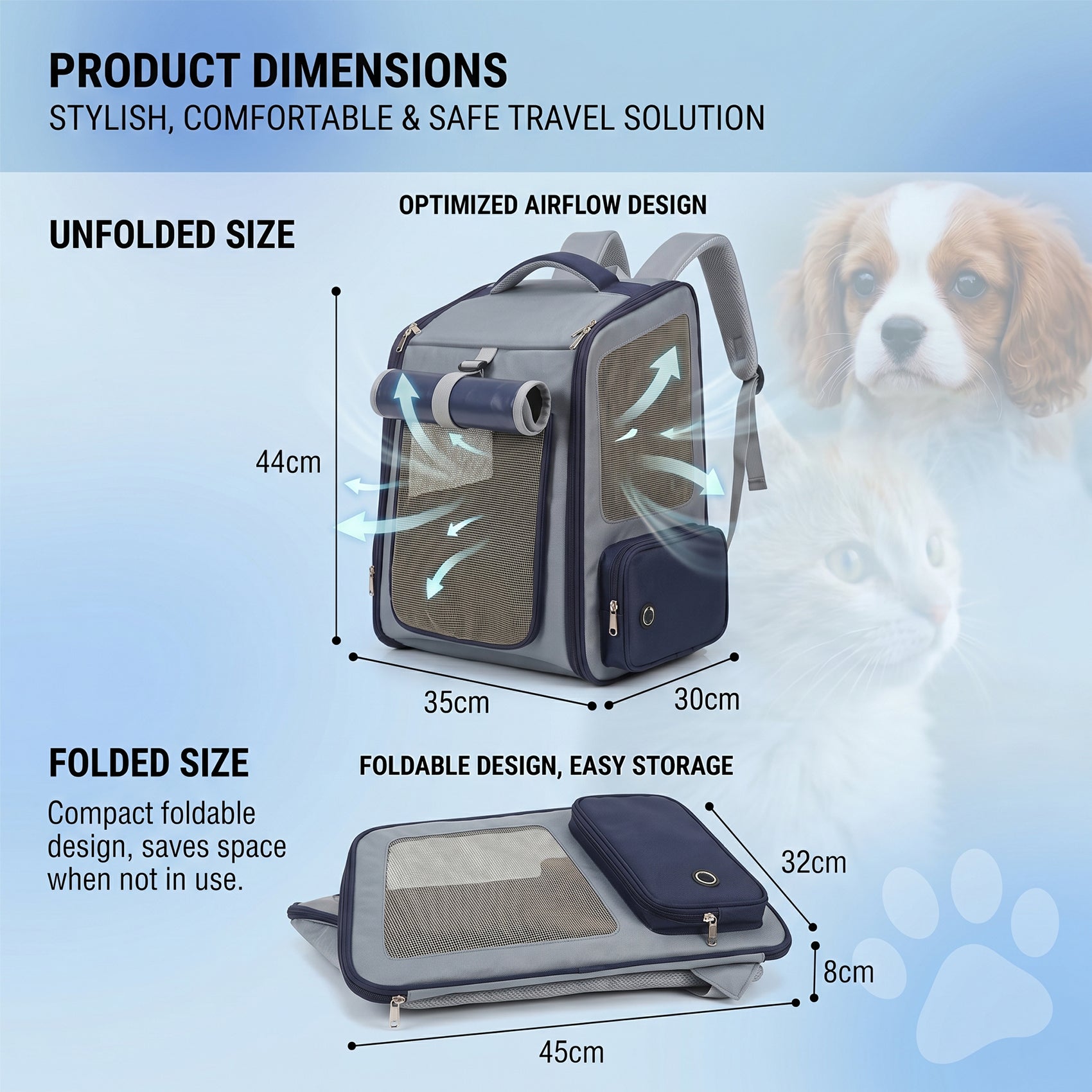 Foldable Pet Carrier Backpack with Mesh Ventilation & Sun Shade, Front-Opening Travel Bag for Small Dogs & Cats Up to 15 lbs