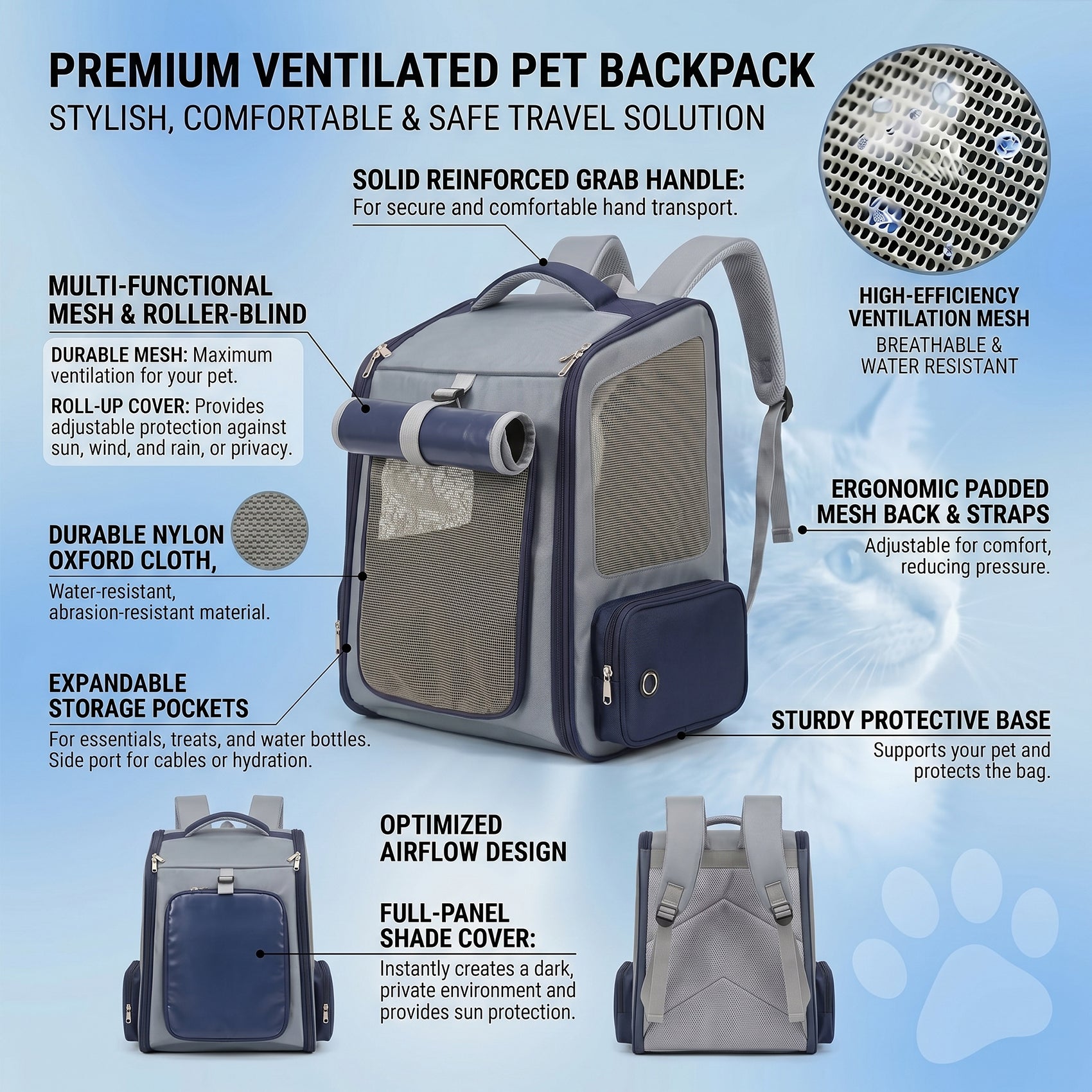 Foldable Pet Carrier Backpack with Mesh Ventilation & Sun Shade, Front-Opening Travel Bag for Small Dogs & Cats Up to 15 lbs