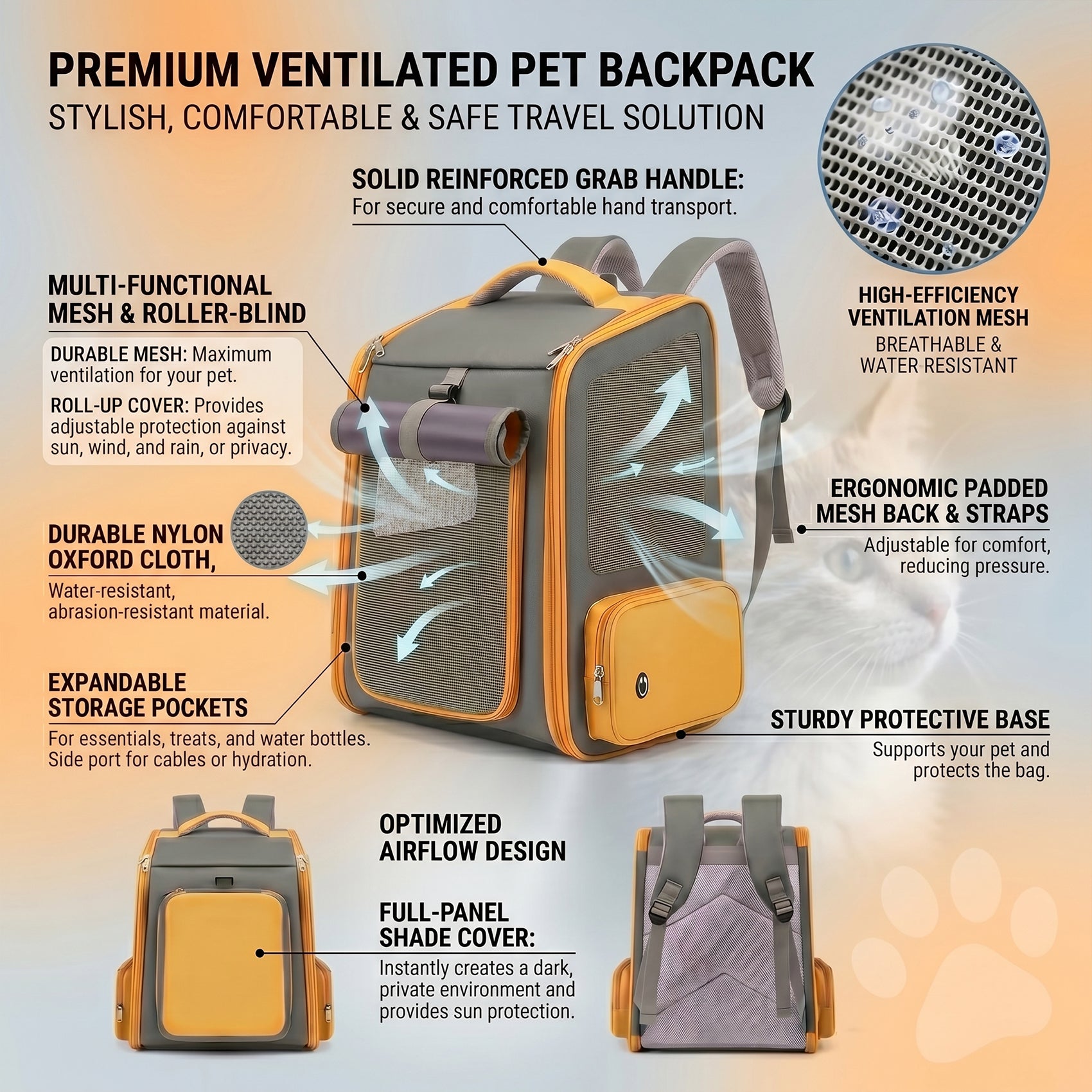 Foldable Pet Carrier Backpack with Mesh Ventilation & Sun Shade, Front-Opening Travel Bag for Small Dogs & Cats Up to 15 lbs