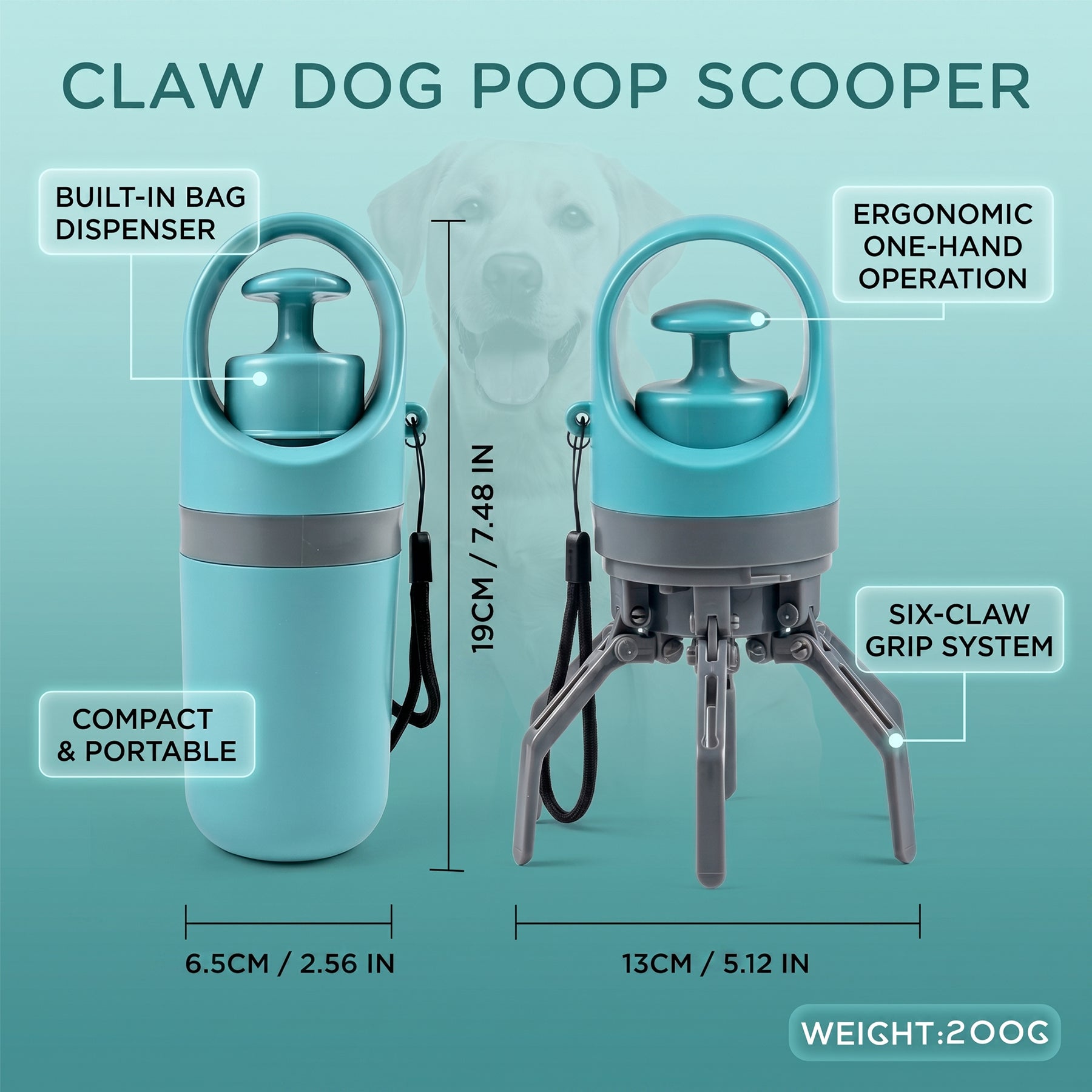 Dog Pooper Scooper with Built-in Poop Bag Dispenser, Portable Claw Handheld