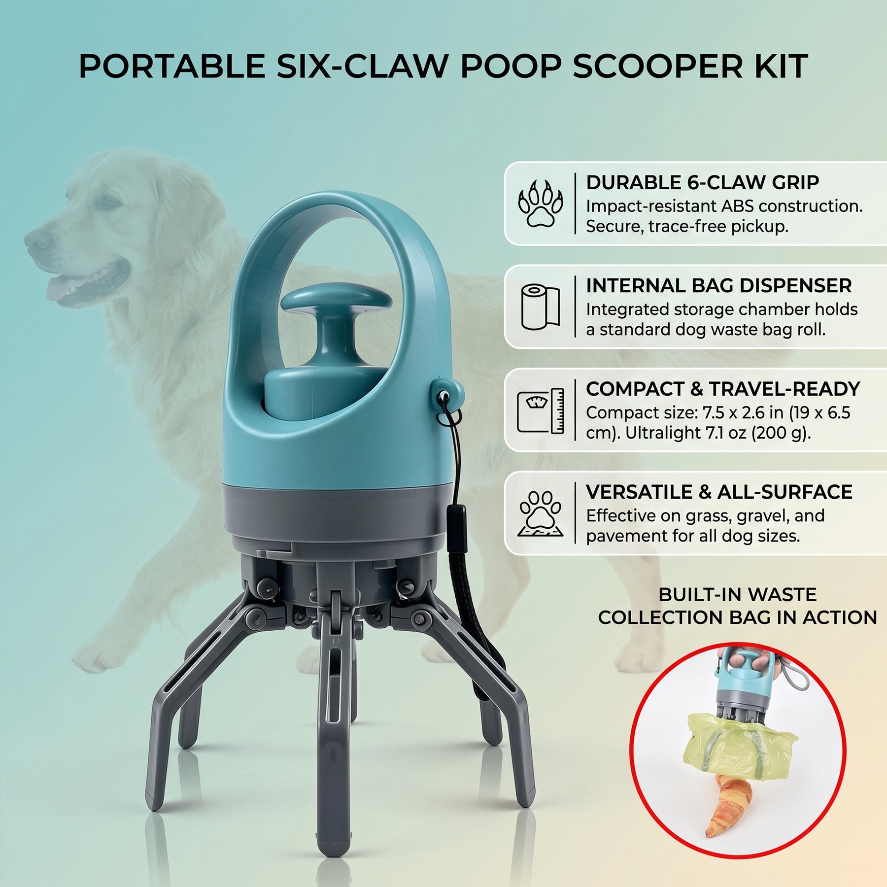 Dog Pooper Scooper with Built-in Poop Bag Dispenser, Portable Claw Handheld