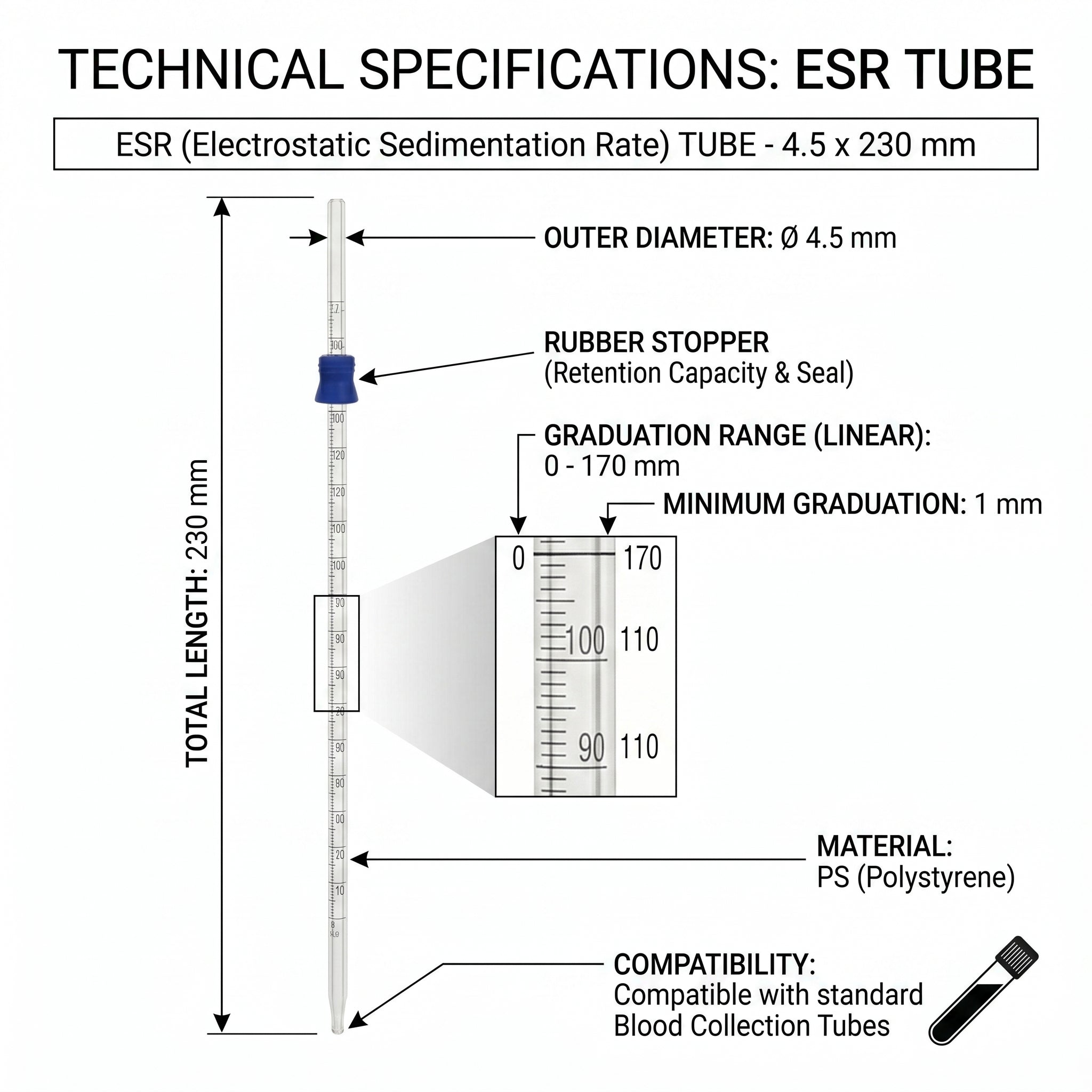 ESR Tubes 4.5 x 230mm, Polystyrene, Rubber Stopper, 0-170mm Graduated 1mm Scale (2 Packs of 100)