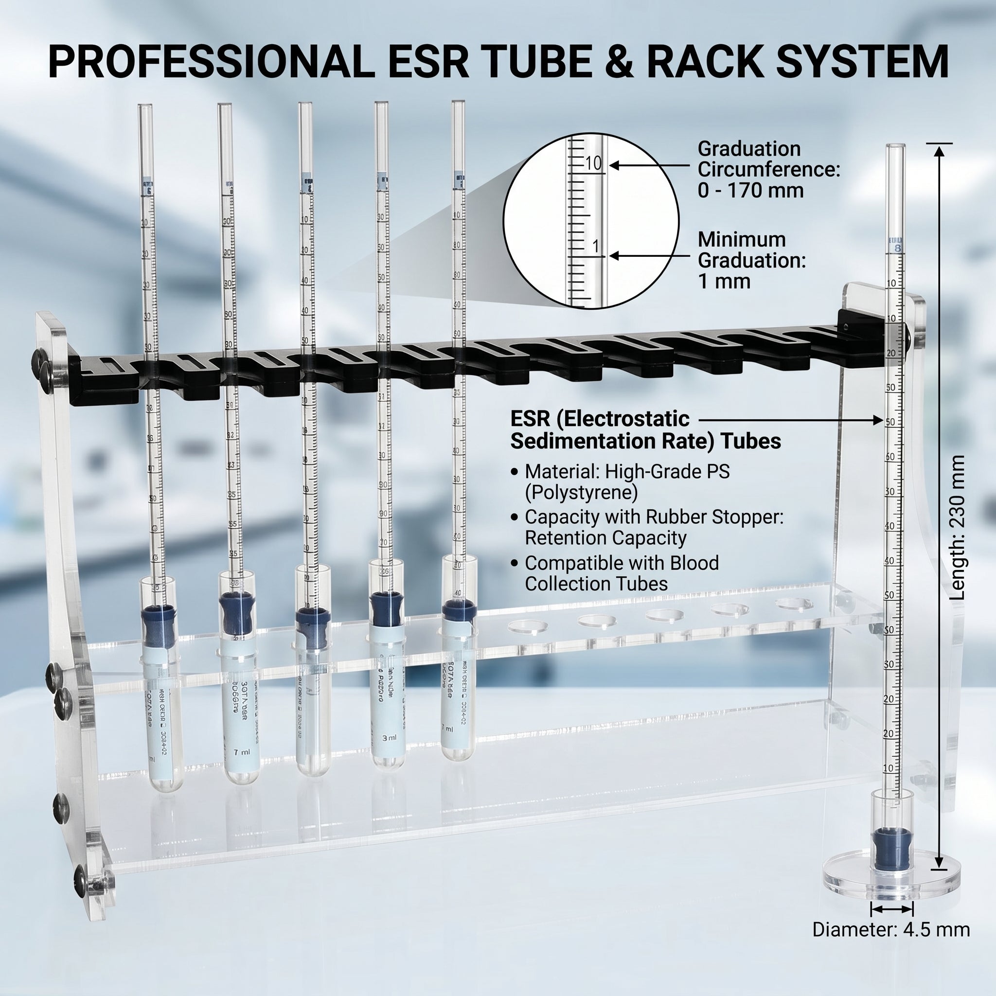 ESR Tubes 4.5 x 230mm, Polystyrene, Rubber Stopper, 0-170mm Graduated 1mm Scale (2 Packs of 100)