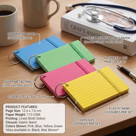 3 x 5 in  Ruled Flash Index Card with Binding Ring, 4 Color/ pack