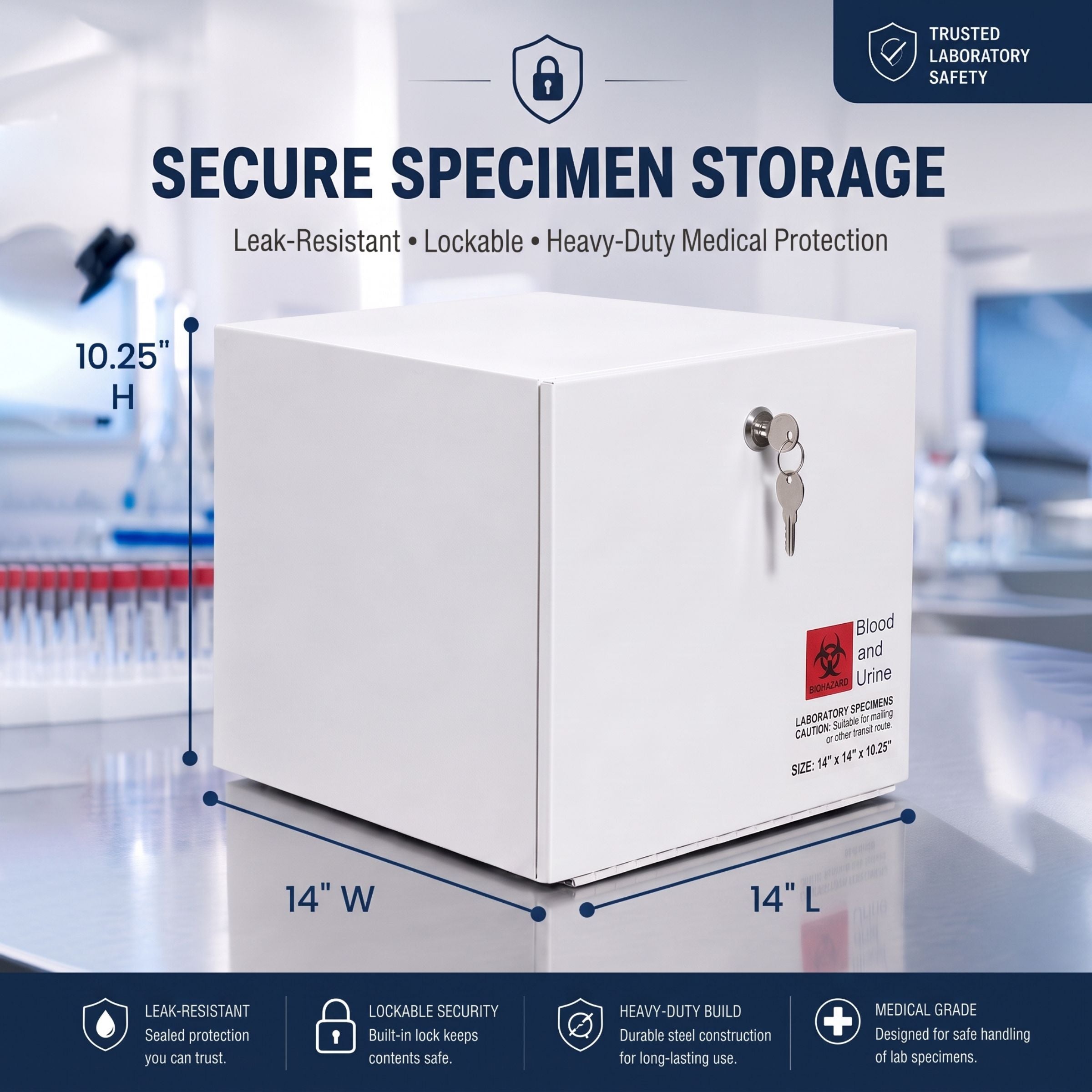 Medical Specimen Box with Lock & Key - Large 14 x 14 x 10.25 in, Lock Box
