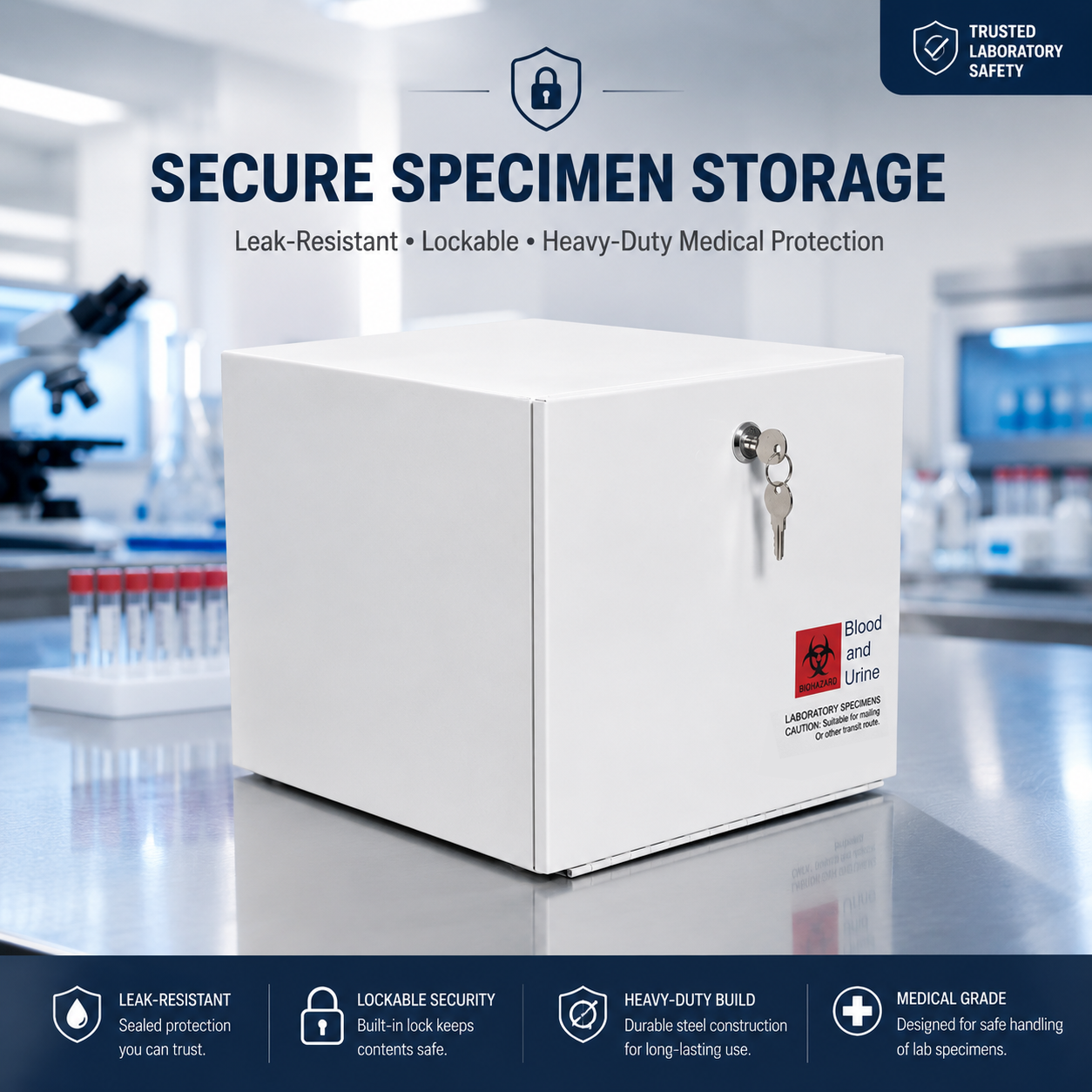 Medical Specimen Box with Lock & Key - Large 14 x 14 x 10.25 in, Lock Box