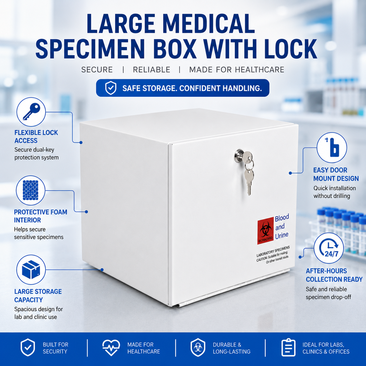 Medical Specimen Box with Lock & Key - Large 14 x 14 x 10.25 in, Lock Box