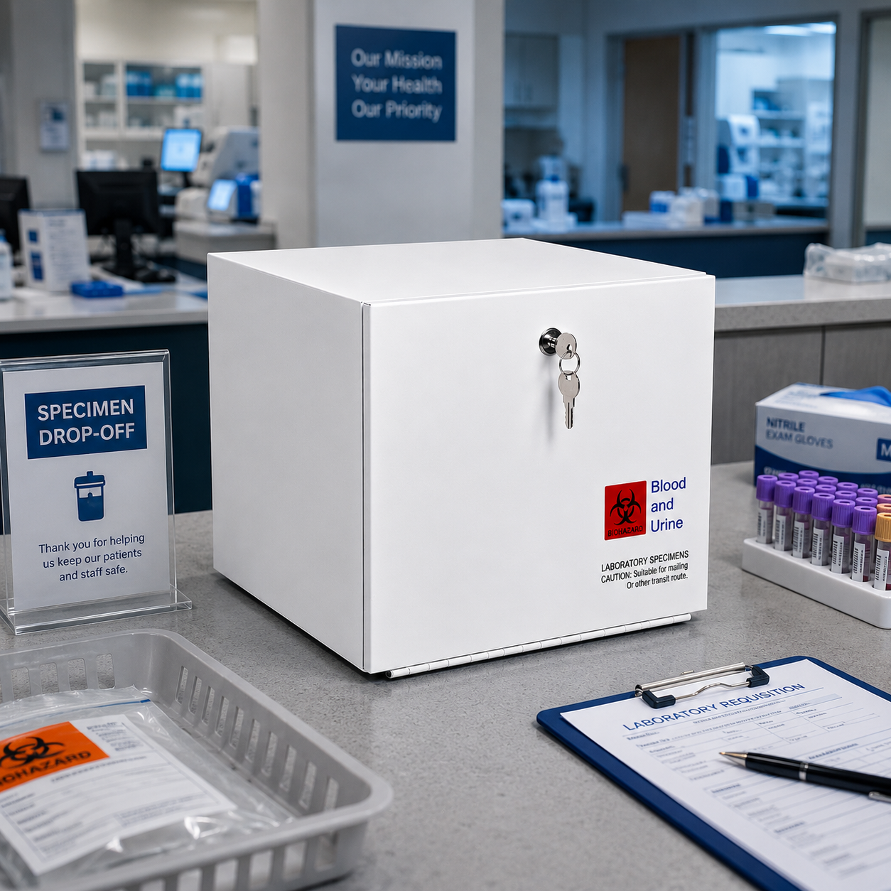Medical Specimen Box with Lock & Key - Large 14 x 14 x 10.25 in, Lock Box