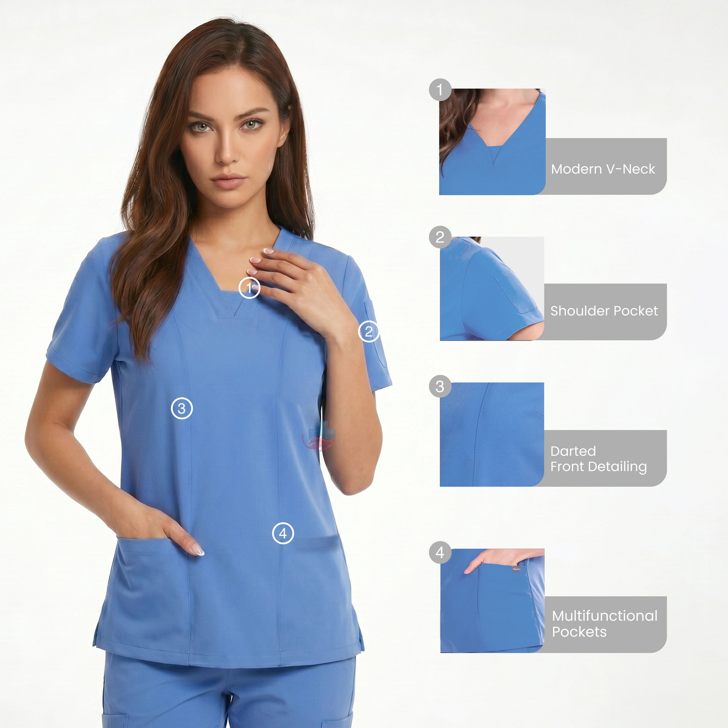 Medical Uniform Scrubs Set with Modern V-Neck, Jogger Pants and Multiple Pockets for Women