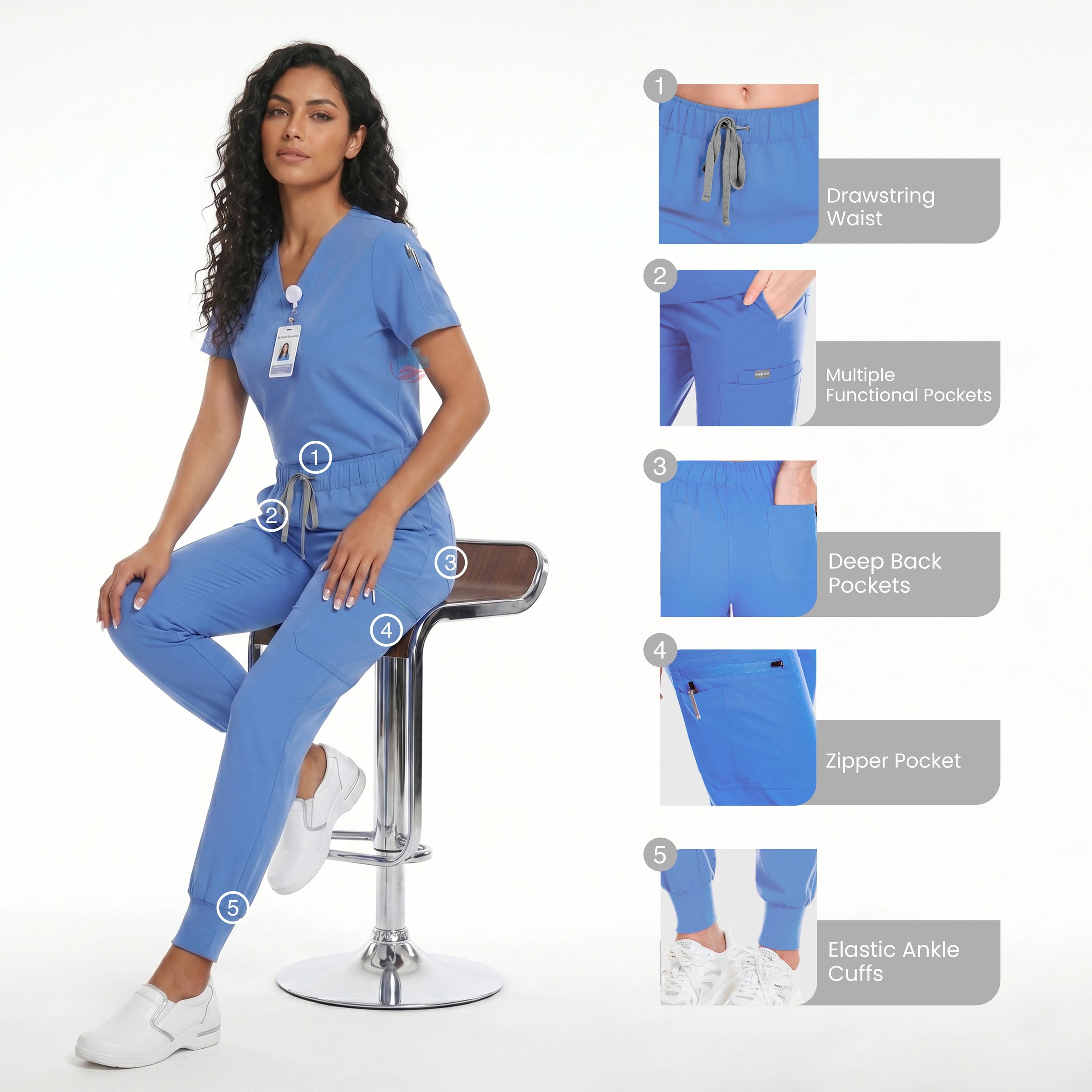 Medical Uniform Scrubs Set with Modern V-Neck, Jogger Pants and Multiple Pockets for Women
