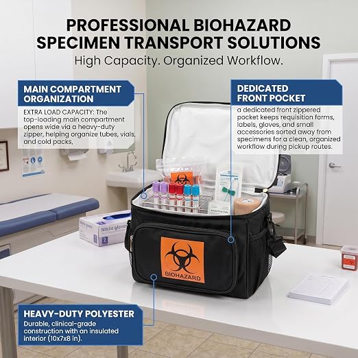 Medical Specimen Transport Bag, Insulated Biohazard Cooler Tote 10 x 7 x 8in