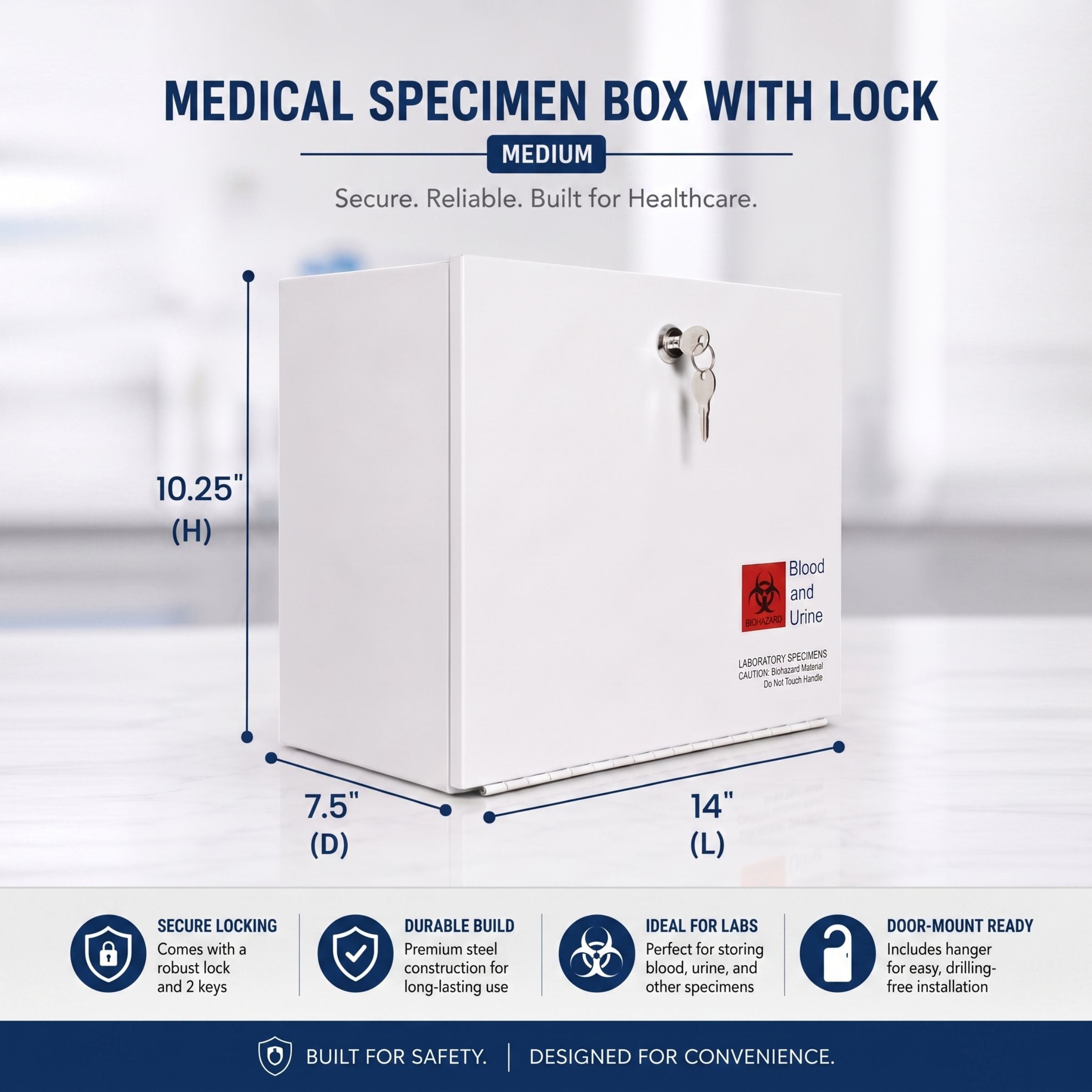 Medical Specimen Box with Lock & Key - Medium 14 x 7.5 x 10.25 in, Lock Box