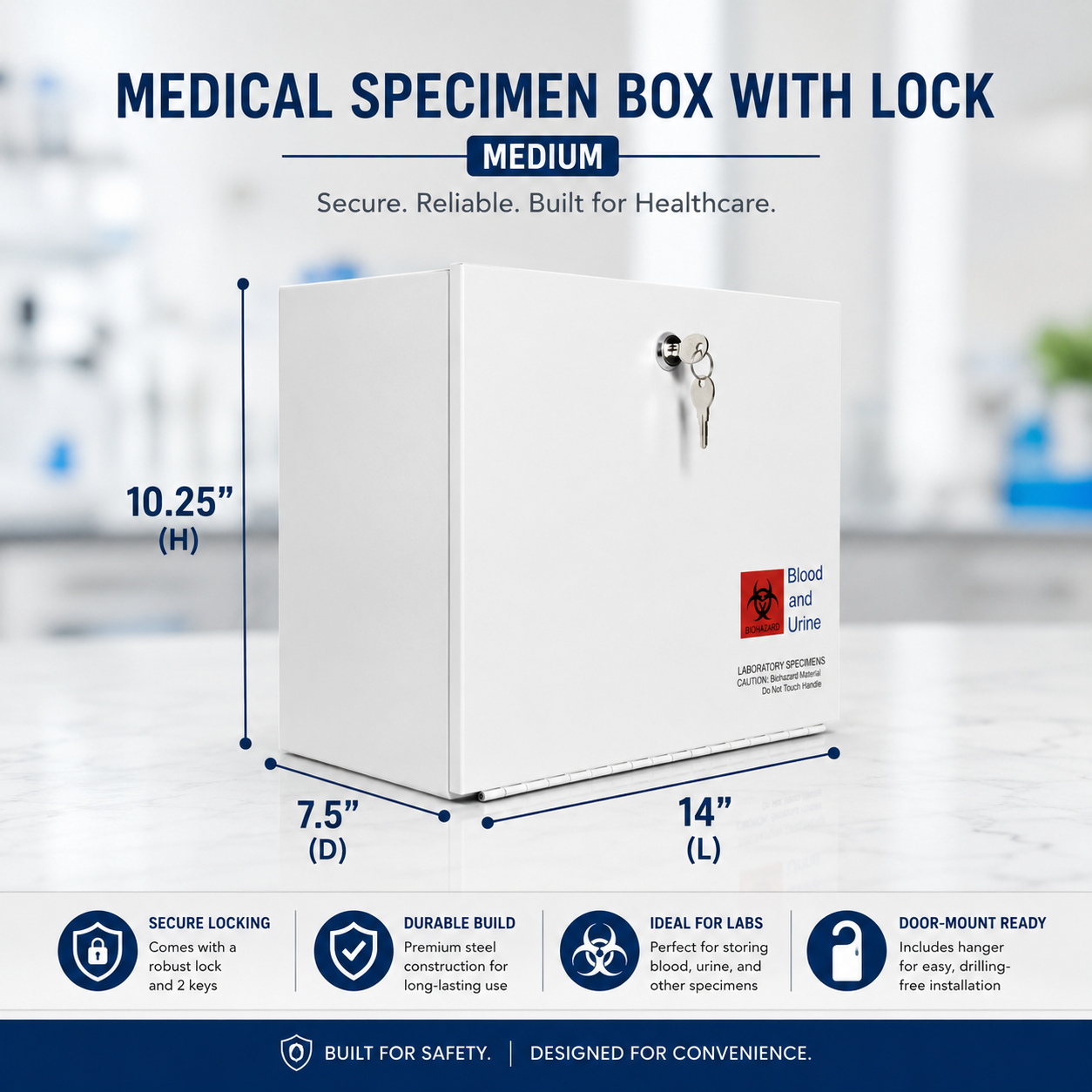 Medical Specimen Box with Lock & Key - Medium 14 x 7.5 x 10.25 in, Lock Box