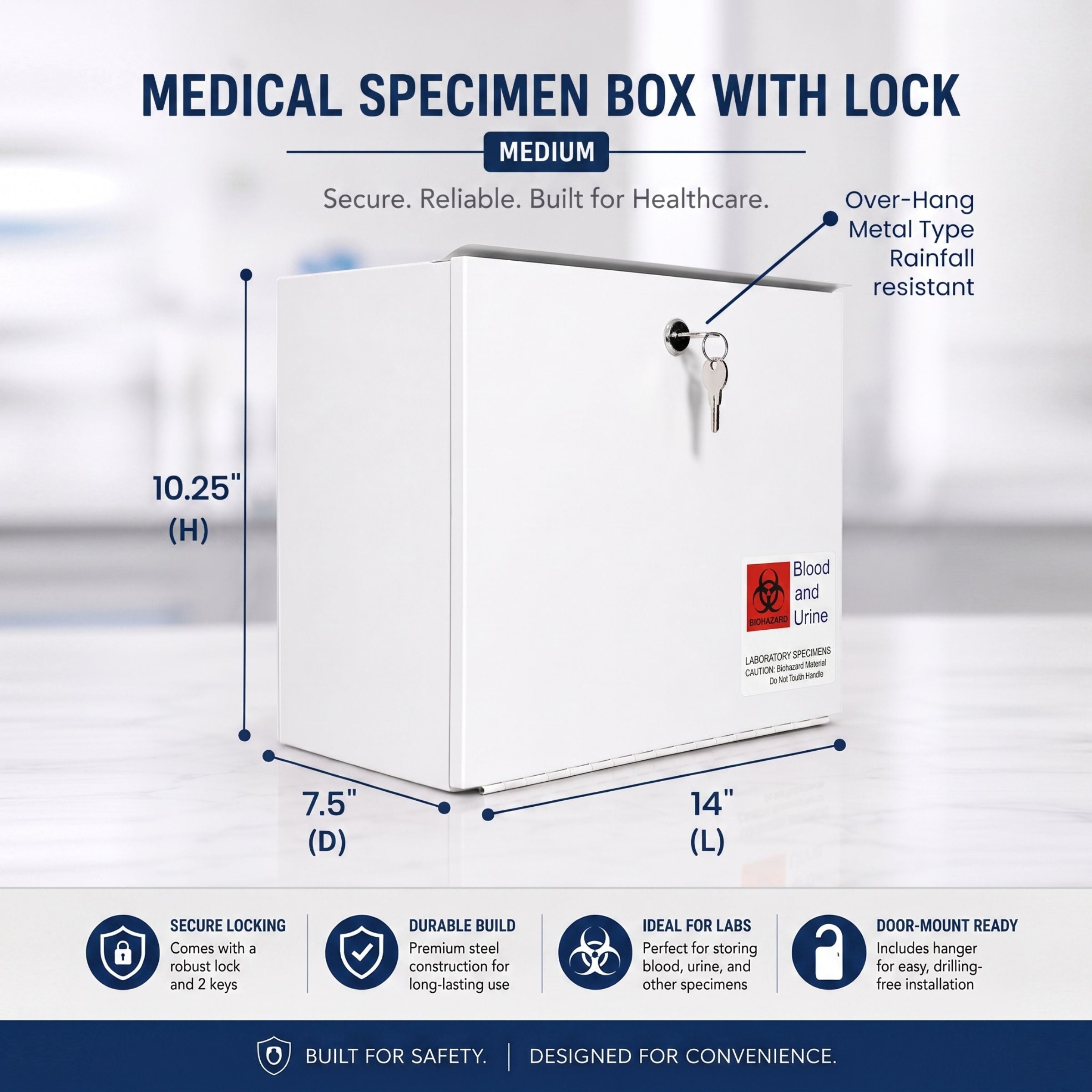 Medical Specimen Box with Over-Hang Metal - Medium 14 x 7.5 x 10.25 in, Lock Box
