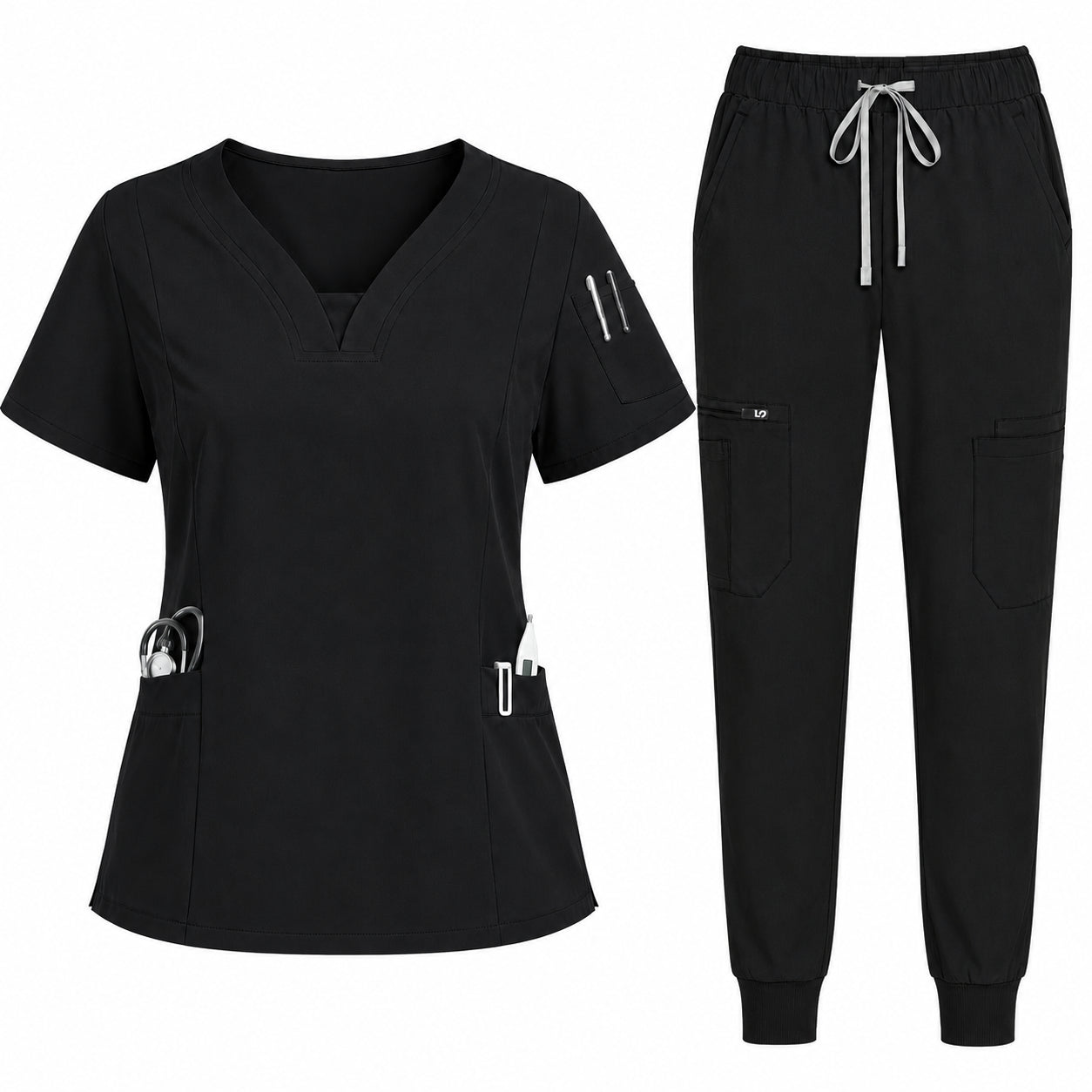 Black scrub set with top and pants on a white background