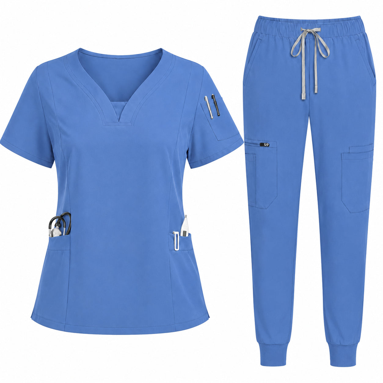 Blue scrub set with top and pants on a white background