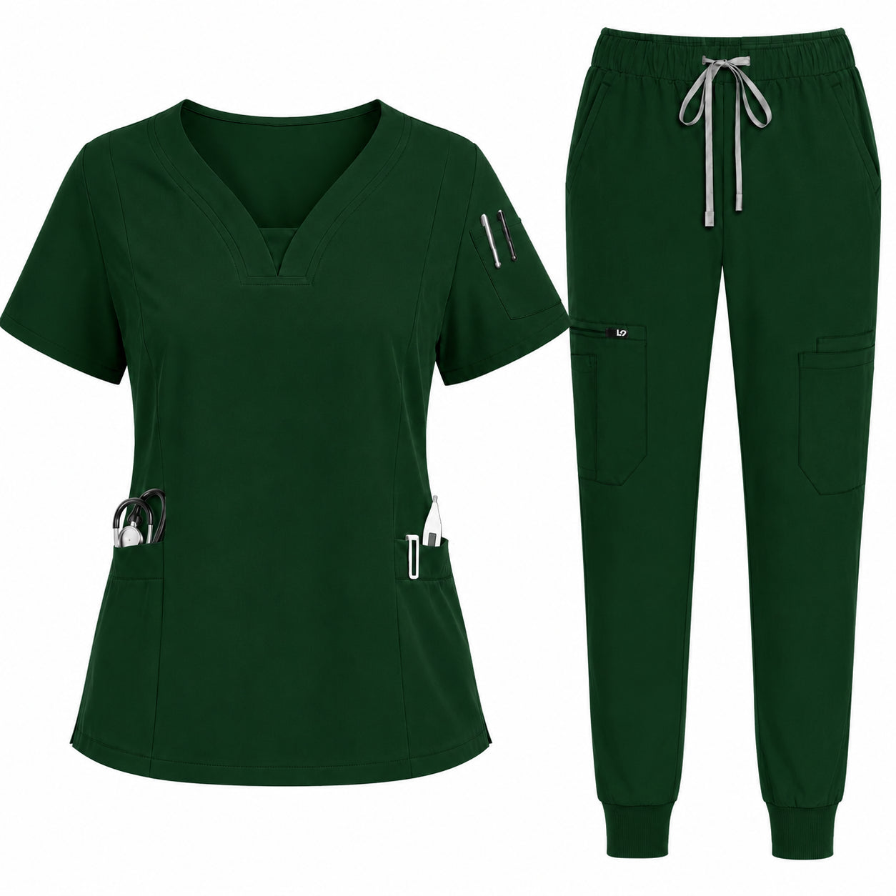 Green scrub set with top and pants on a white background