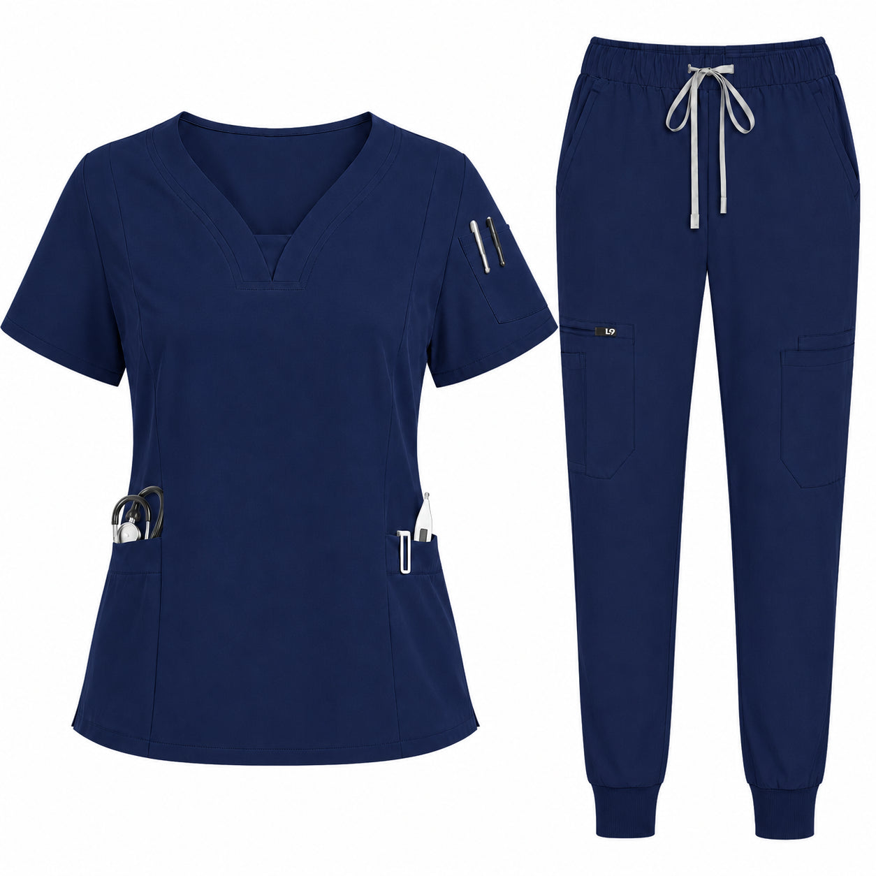 Navy blue scrub set with top and pants on a white background