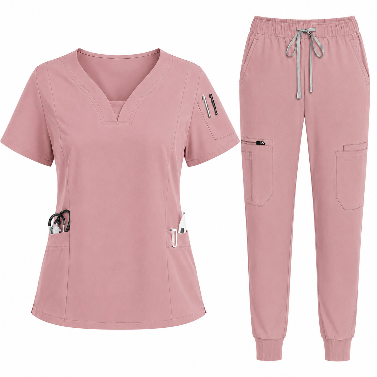 Pink scrub set with top and pants on a white background