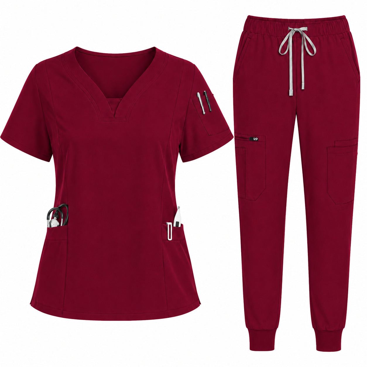 Maroon scrub set with top and pants on a white background