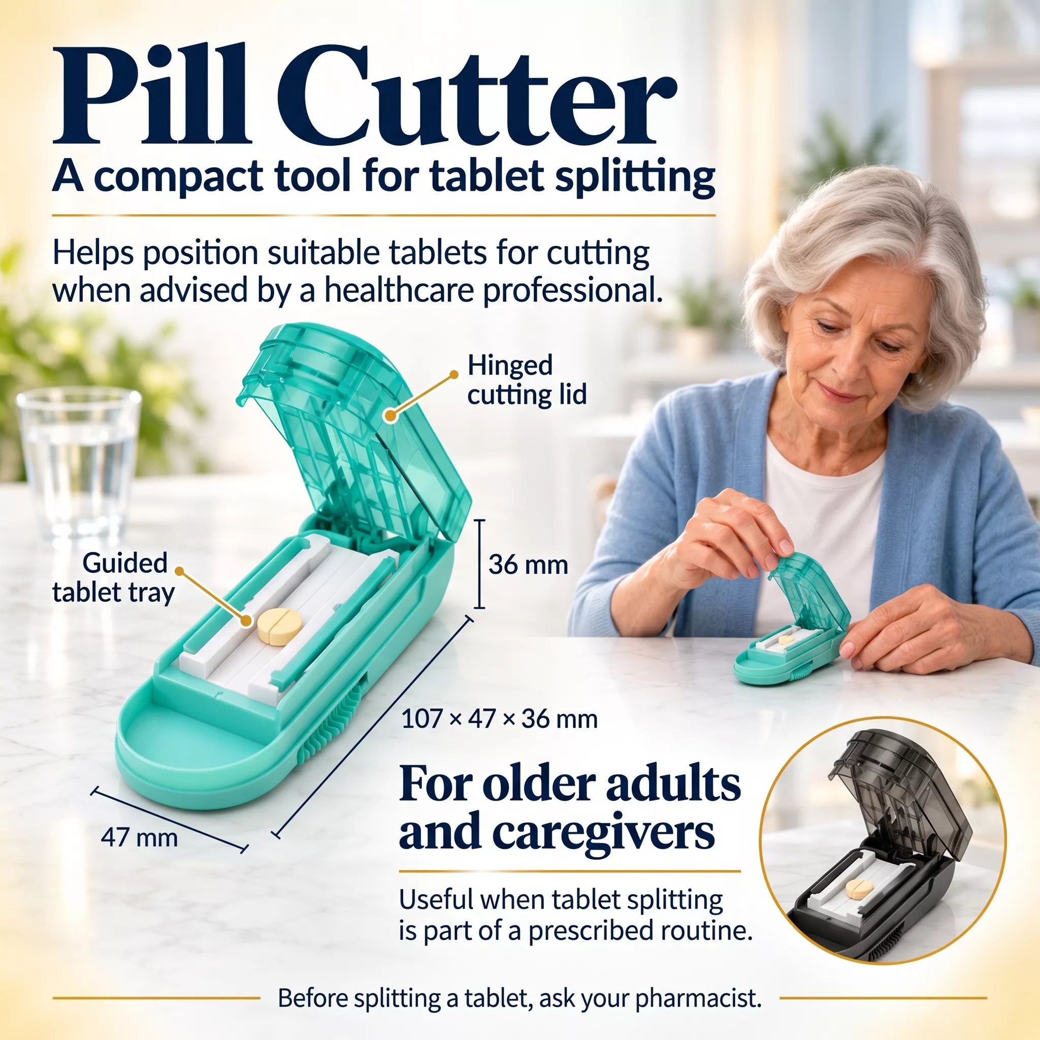 Pill Cutter Splitter with Storage, Adjustable Tablet Splitting Pills