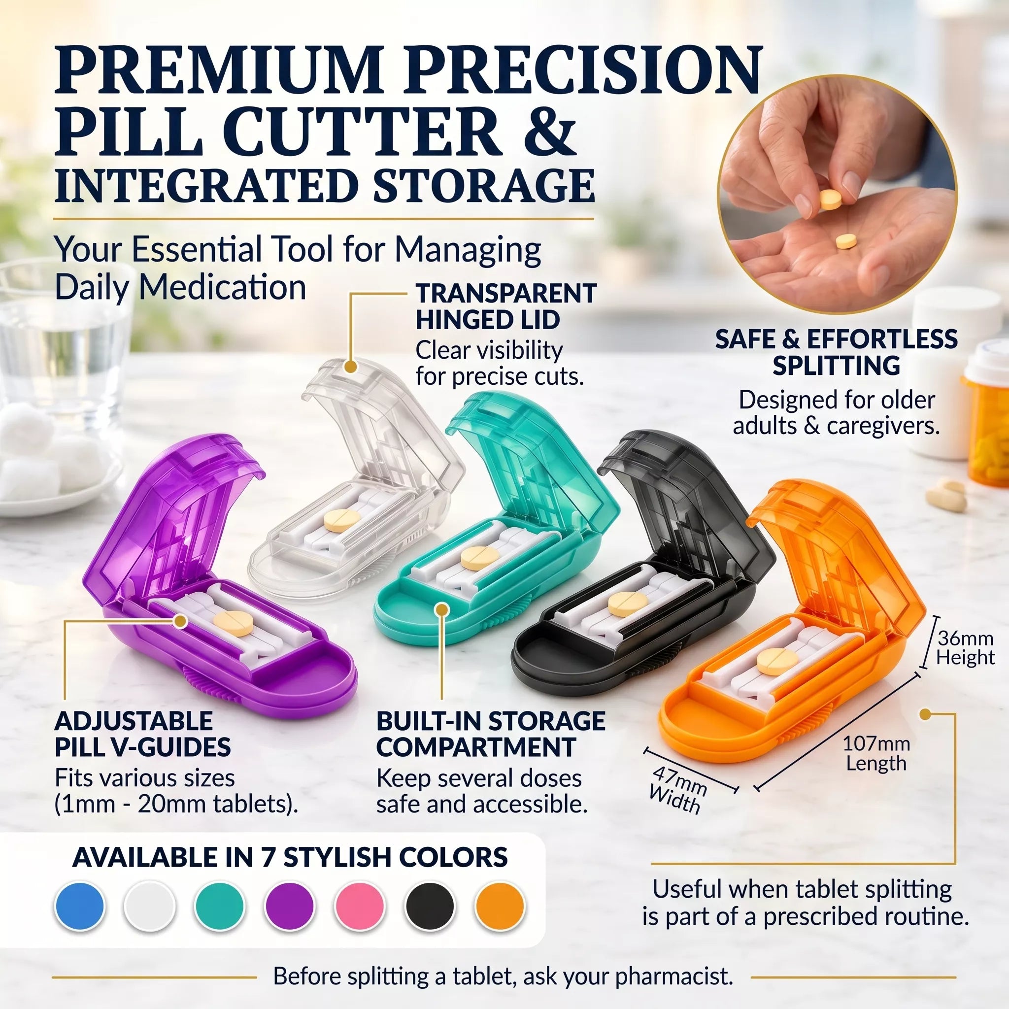 Pill Cutter Splitter with Storage, Adjustable Tablet Splitting Pills