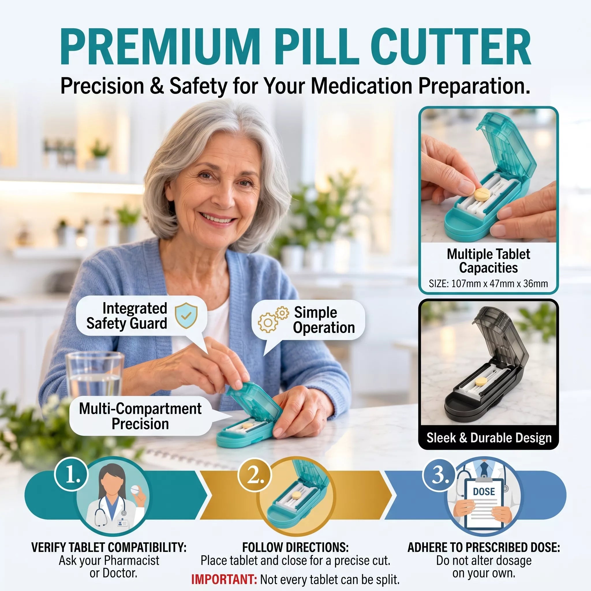 Pill Cutter Splitter with Storage, Adjustable Tablet Splitting Pills