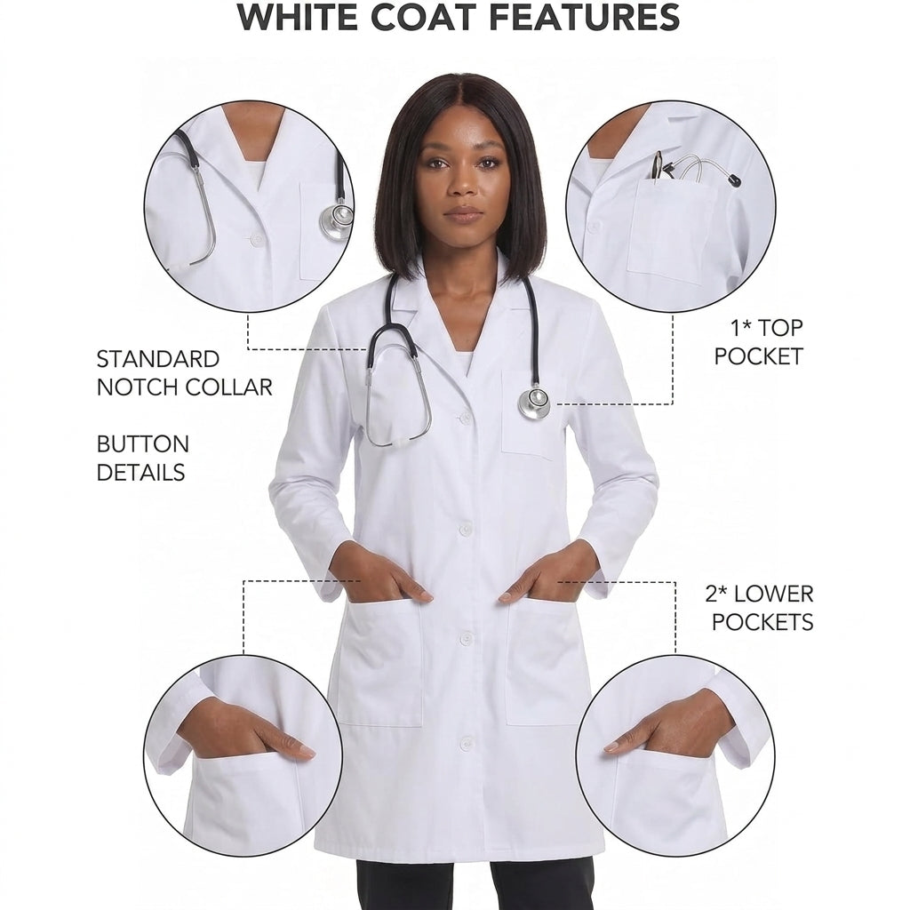 Professional White Lab Coat for Women, 3 Pocket, Long Sleeve