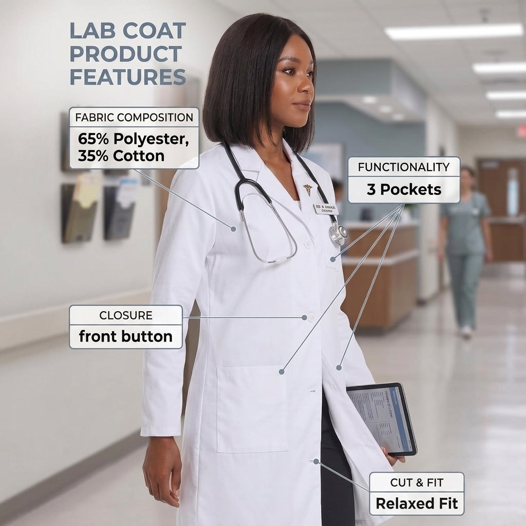 Professional White Lab Coat for Women, 3 Pocket, Long Sleeve