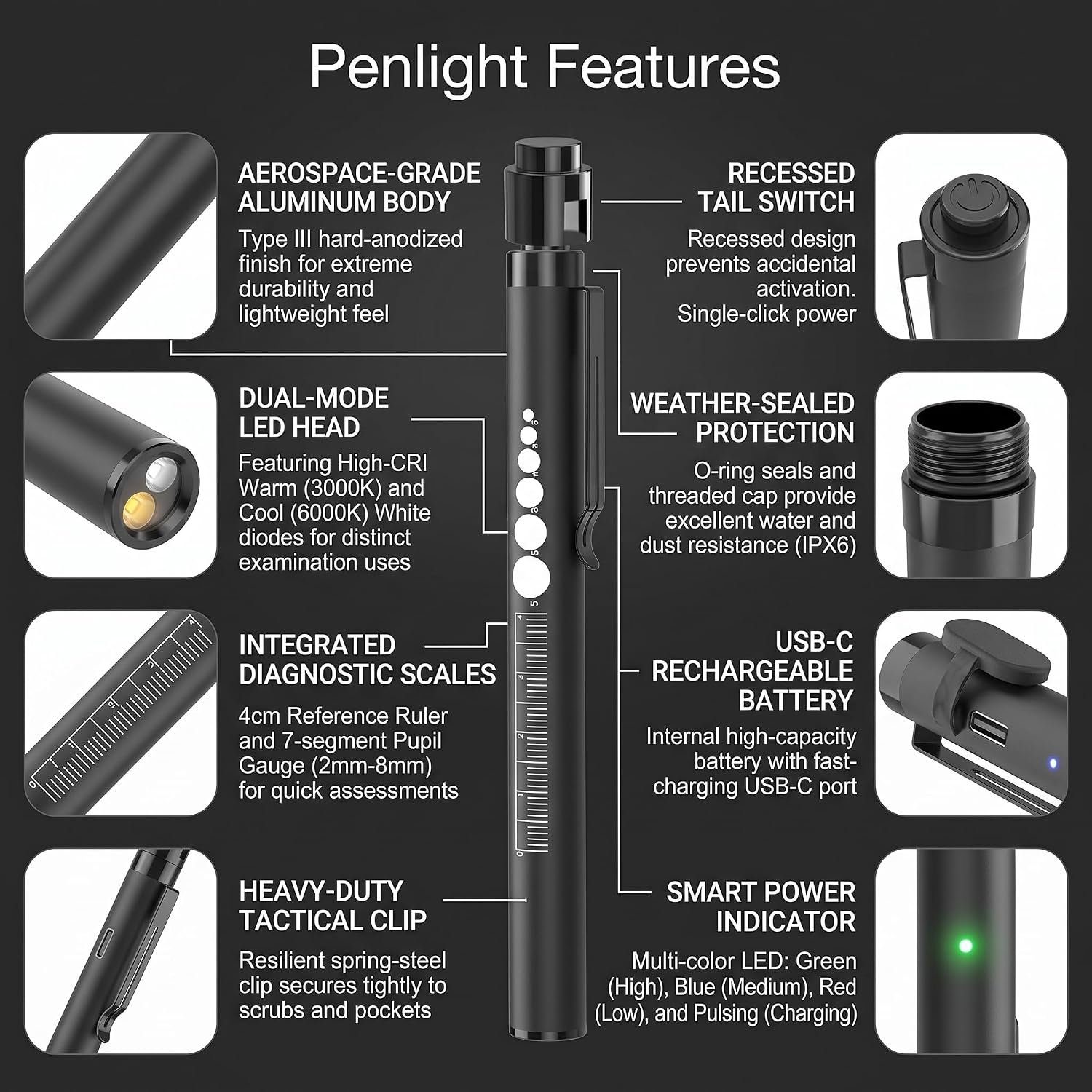 Rechargeable Penlight with Pupil Gauge Aluminum LED Nurse Doctor Light | Mini USB-C