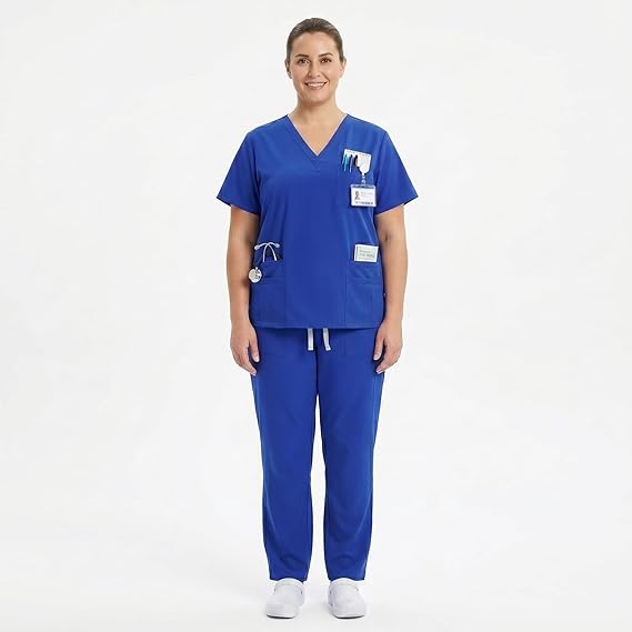 Medical Uniform Scrubs Set for Women, Stretch V-Neck Top & Straight Leg Pants