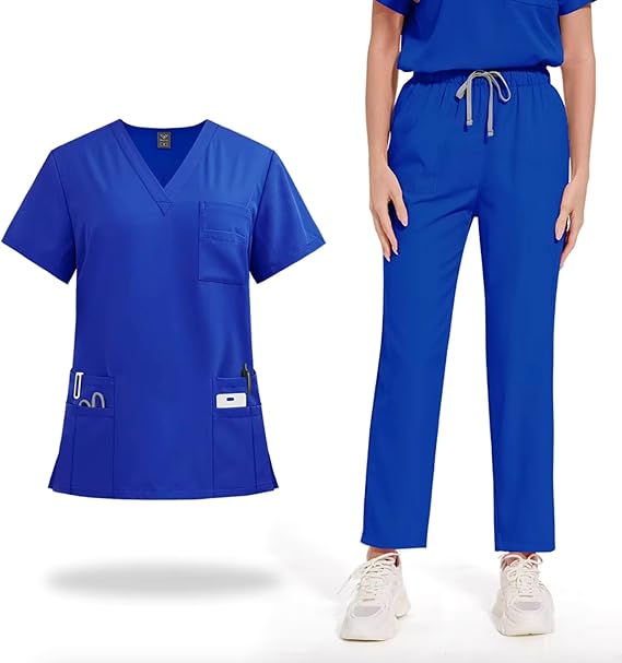 Medical Uniform Scrubs Set for Women, Stretch V-Neck Top & Straight Leg Pants