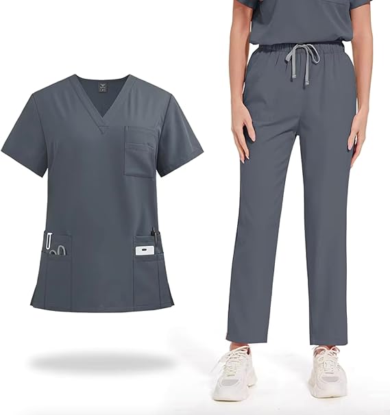 Medical Uniform Scrubs Set for Women, Stretch V-Neck Top & Straight Leg Pants