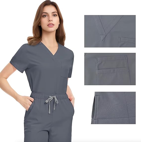 Medical Uniform Scrubs Set for Women, Stretch V-Neck Top & Straight Leg Pants