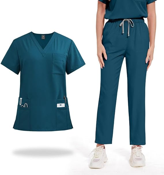 Medical Uniform Scrubs Set for Women, Stretch V-Neck Top & Straight Leg Pants