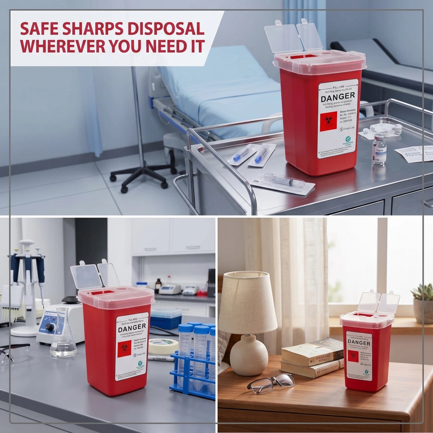 Sharps Container 1 Quart, Biohazard Needle Disposal (Pack of 6)