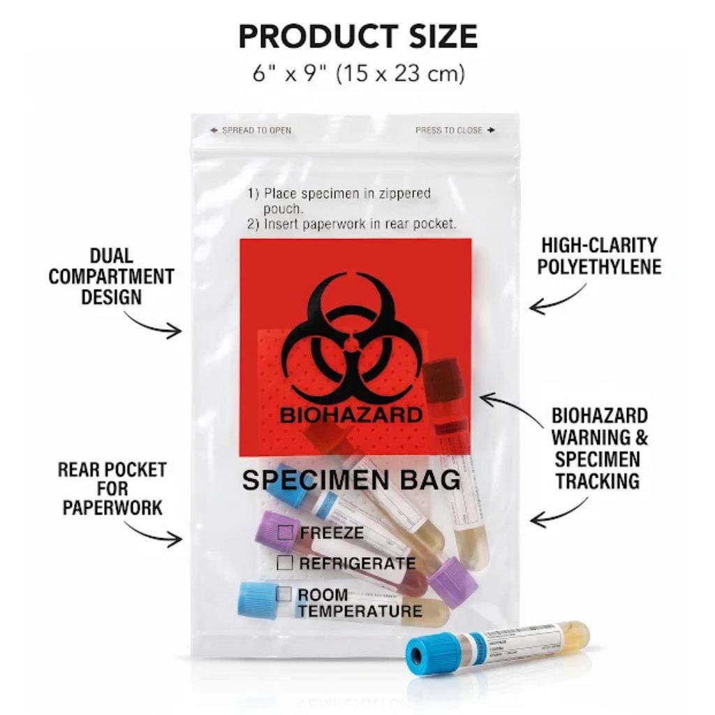 Biohazard Specimen Bags 6 x 9in Ziplock with Improved Absorbent Pad, 100 Count