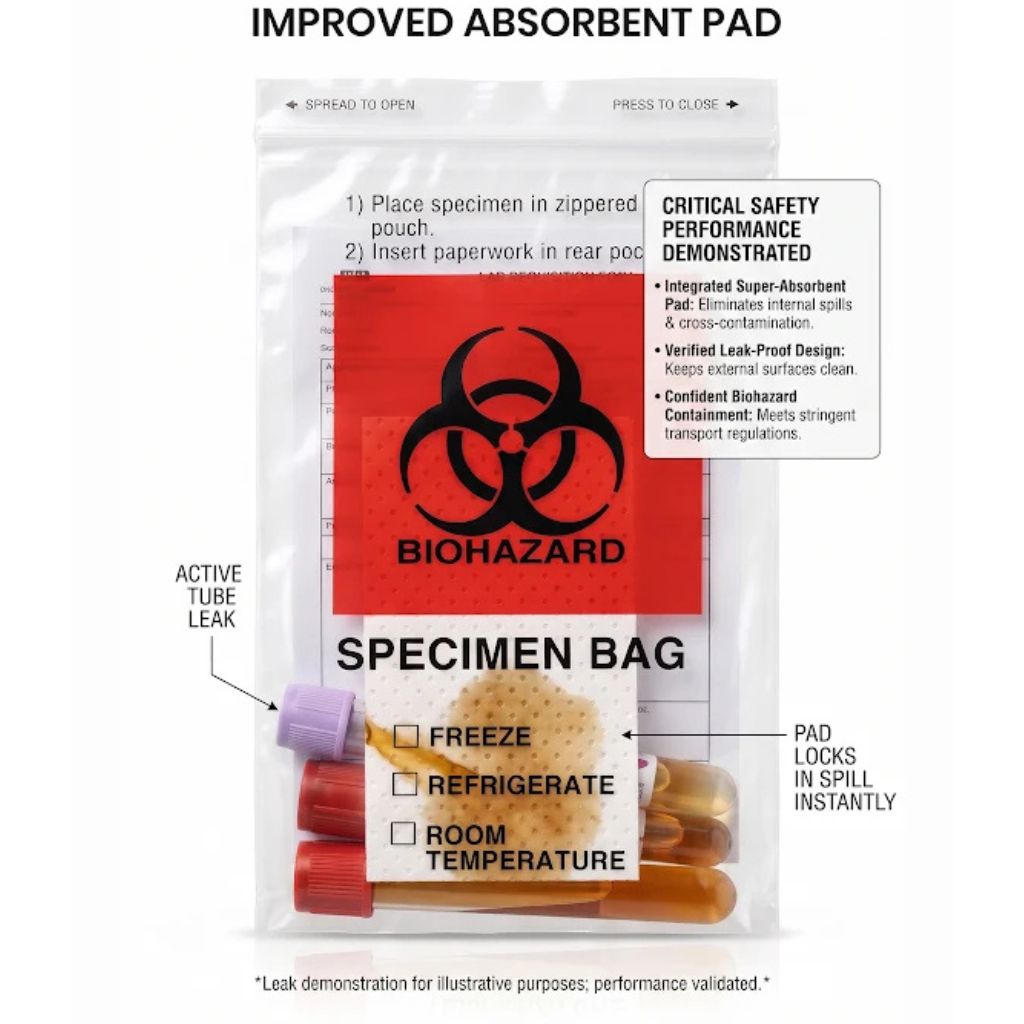 Biohazard Specimen Bags 6 x 9in Ziplock with Improved Absorbent Pad, 100 Count