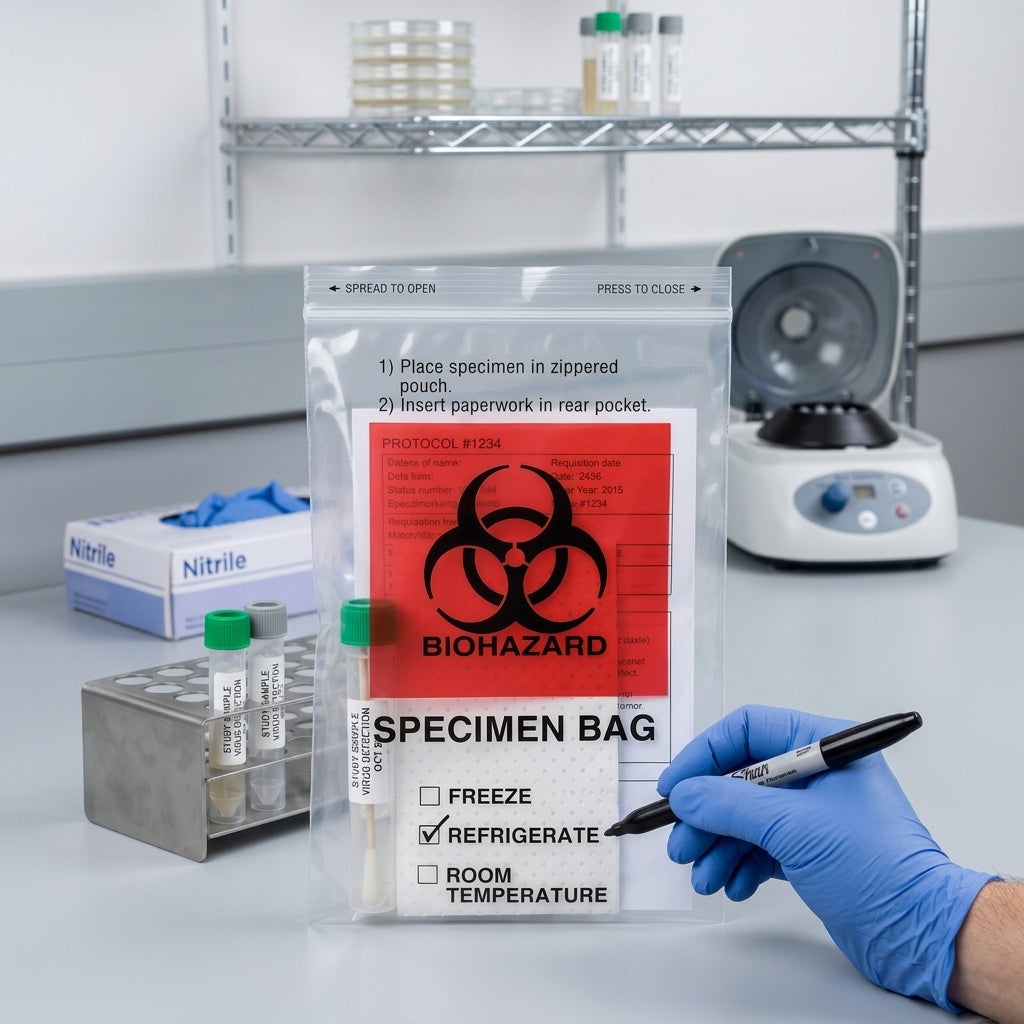 Biohazard Specimen Bags 6 x 9in Ziplock with Improved Absorbent Pad, 100 Count